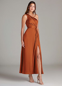 Azazie Brooke Suknie dla druhen Linia A Jedno ramię Satyna elastyczna Długość kostki Sukienka image4