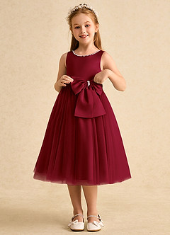 Azazie Twinsie Flower Girl Dresses Burgundy A-Line Bow Tulle Dress image3
