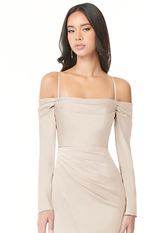 Azazie Hallie Bridesmaid Dresses White Alabaster Sheath Off-The-Shoulder Long Sleeve Stretch Satin Convertible Dress image2