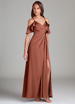 Azazie Dakota Robes de demoiselle d'honneur Robe Trapèze en Satin extensible Épaule décolletée Argile image1