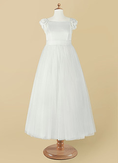 Azazie Little Flower Girl Dresses Diamond White A-Line Lace Tulle Dress image10