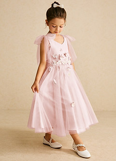 Azazie Minia Flower Girl Dresses Blushing Pink A-Line Bow Matte Satin Dress image3