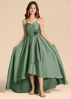 Azazie Catalina Junior Abito A-Line in Raso Elasticizzato Scollo a Cuore Matcha image4