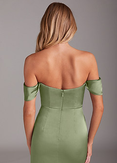 Azazie Saige Bridesmaid Dresses Pistachio Sheath Off the Shoulder Stretch Satin Dress image9