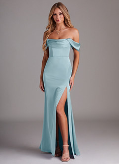Azazie Saige Vestidos de damas de honor Vestido de Azul Malhumorado de Satén Elástico de Corte Recto con Vestidos sin tirantes image1