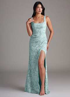 Azazie Mero Bridesmaid Dresses Mist Sheath Pleated Floral Burnout Dress image1