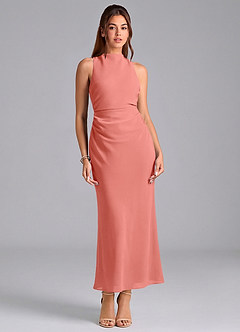 Azazie Evadne Bridesmaid Dresses Salmon Pink Sheath Pleated Chiffon Dress image3