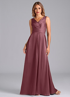 Azazie Karina At-home Try On Dresses Desert Rose A-Line Pleated Stretch Satin Dress image4