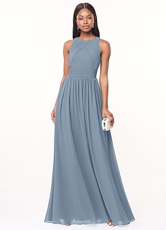 Azazie Harper Bridesmaid Dresses Dusty Blue A-Line Pleated Chiffon Dress image1