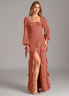 Azazie Candice Bridesmaid Dresses Clay A-Line Long Sleeve Chiffon Dress image4