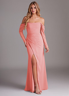 Azazie Hallie Bridesmaid Dresses Coral Mermaid Long Sleeve Chiffon Dress image1