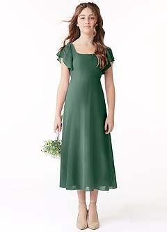 Azazie Bondi Junior Vestido de Musgo Marino de Gasa de Corte en A con Volante image2