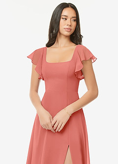 Azazie Bondi Brautjungfernkleider A-Linie Gekräuselt Chiffon Kleid Lachsrosa image6