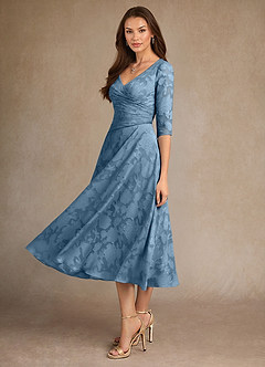 Azazie Durant Mother of the Bride Dresses Steel Blue A-Line Pleated Floral Burnout Dress image1