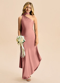 Azazie Briony Junior Etui Plissee Stretch-Satin Kleid Rosettenrosa image1