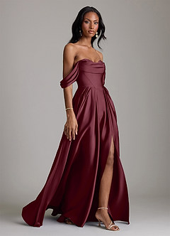 Azazie Loisa Robes de demoiselle d'honneur Robe Trapèze en Satin extensible Épaule décolletée Cabernet image6