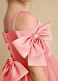Azazie Amie Flower Girl Dresses Coral A-Line Off the Shoulder Matte Satin Dress image7
