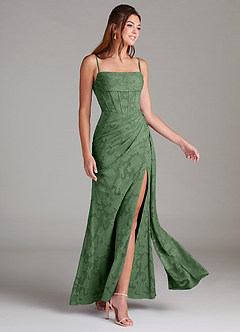 Azazie Denisa Bridesmaid Dresses Eucalyptus Sheath Pleated Floral Burnout Dress image4