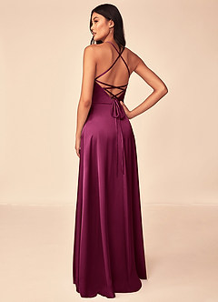 Azazie Mei Bridesmaid Dresses Red Plum A-Line V-Neck Stretch Satin Dress image2