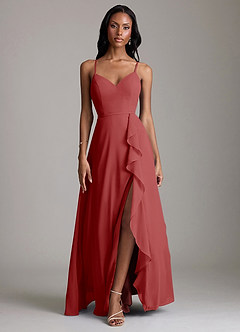 Azazie Naeem Bridesmaid Dresses Rust A-Line V-Neck Ruffle Chiffon Dress image1