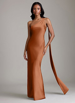 Azazie Galinda Bridesmaid Dresses Copper Mermaid One Shoulder Stretch Satin Dress image4