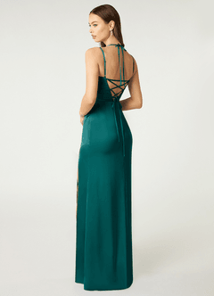 Azazie Desi Vestidos de damas de honor Vestido de Pavo Real de Satén Elástico de Corte Recto con Corsé Halter image5