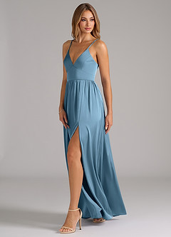 Azazie Aaida Bridesmaid Dresses Steel Blue A-Line Corset Stretch Satin Dress image3