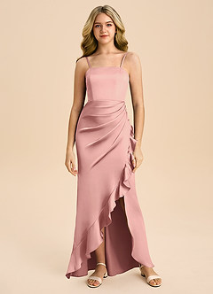 Azazie Buzzy Junior Rosette Sheath Pleated Stretch Satin Dress image3