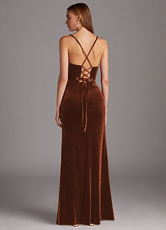 Azazie Kindness Bridesmaid Dresses Terracotta Sheath Cowl Neckline Corset Velvet Dress image2