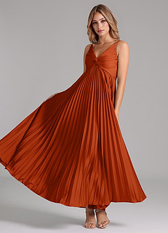 Azazie Raychelle Bridesmaid Dresses Burnt Orange A-Line Pleated Stretch Satin Dress image2