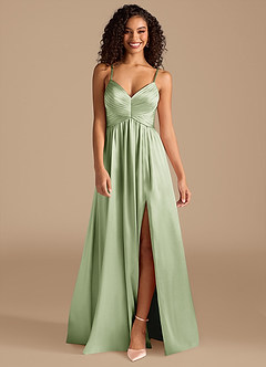 Azazie Alia Bridesmaid Dresses Dusty Sage A-Line Pleated Metallic Satin Dress image8