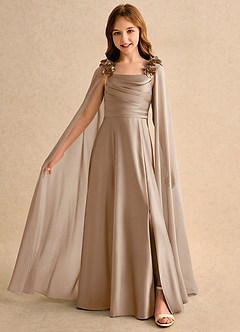 Azazie Rosita Girls Formal Robe Demoiselle D'honneur Fillette Robe Trapèze en Satin extensible Plissée Taupe image3