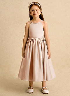 Azazie Indi Blumenmädchenkleider A-Linie Schleifen Matte Satin Kleid Englisches Rosa image6