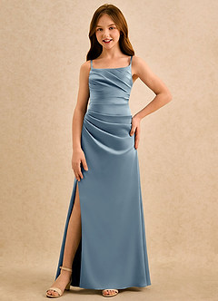 Azazie Cannoli Girls Formal Blumenmädchenkleider A-Linie Plissee Stretch-Satin Kleid Staubblau image3