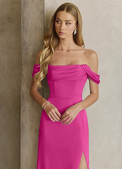 Azazie Saige Bridesmaid Dresses Fuchsia Sheath Off the Shoulder Stretch Satin Dress image2