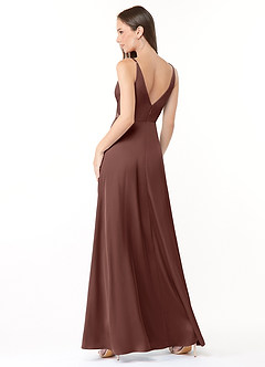 Azazie Dalilah Brautjungfernkleider A-Linie V-Hals Gefaltet Stretch-Satin Kleid Espresso image2
