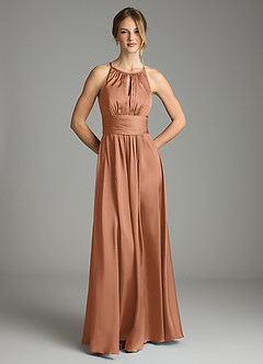 Azazie Bonnie Bridesmaid Dresses Bronzer A-Line Pleated Stretch Satin Dress image3