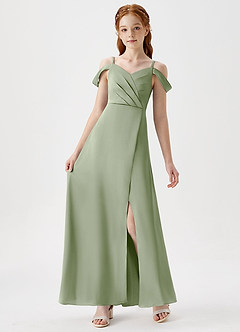 Azazie Ocean Junior Dusty Sage A-Line Off the Shoulder Stretch Satin Dress image6