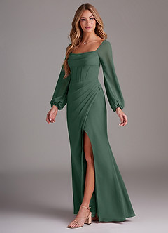 Azazie Charissa Bridesmaid Dresses Sea Moss Sheath Long Sleeve Chiffon Dress image4