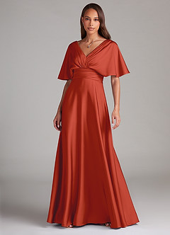 Azazie Pamela Bridesmaid Dresses Rust A-Line Pleated Stretch Satin Dress image1