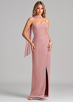 Azazie Calandra Jurken voor bruidsmeisjes Jurk van Chiffon met Kolom Geplooid Stoffige Roos image1