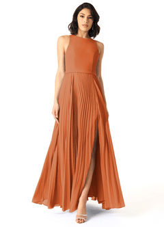 Azazie Lindie Bridesmaid Dresses Cinnamon A-Line Scoop Pleated Chiffon Dress image1
