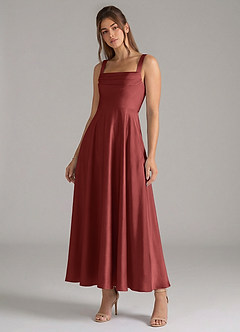 Azazie Shaude Bridesmaid Dresses Terracotta A-Line Pleated Stretch Satin Dress image4