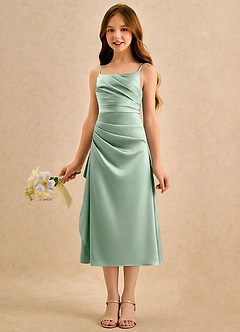 Azazie Canna Girls Formal Blomsterpigekjoler A-Line Plisseret Stræk satin Te-længde Kjole image5
