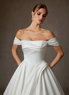 Azazie Suki Wedding Dresses Diamond White Ball-Gown Off the Shoulder Satin Dress image5