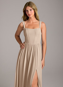 Azazie Rosaline Bridesmaid Dresses Taupe A-Line Side Slit Chiffon Dress image2