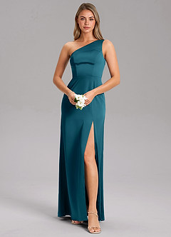 Azazie Feby Bridesmaid Dresses Ink Blue A-Line One Shoulder Stretch Satin Dress image1
