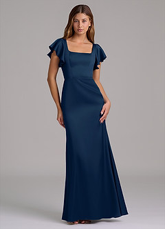 Azazie Elkie Robes de demoiselle d'honneur Robe Sirène en Satin extensible Col Carré Bleu Marine Foncé image1