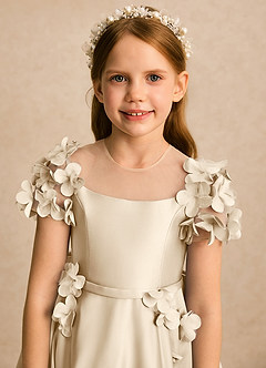 Azazie Charity Flower Girl Dresses Champagne A-Line with Sleeves Matte Satin Dress image5