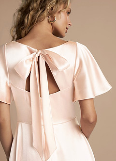 Azazie Kimber Bridesmaid Dresses Rose Gold A-Line Ruched Metallic Satin Dress image2